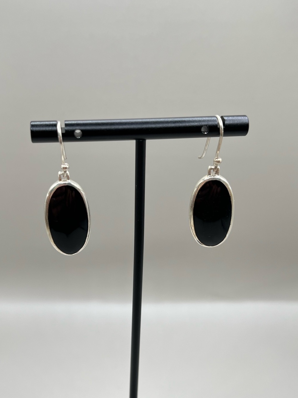 Vintage Sterling Silver Black Oval Drop Earrings